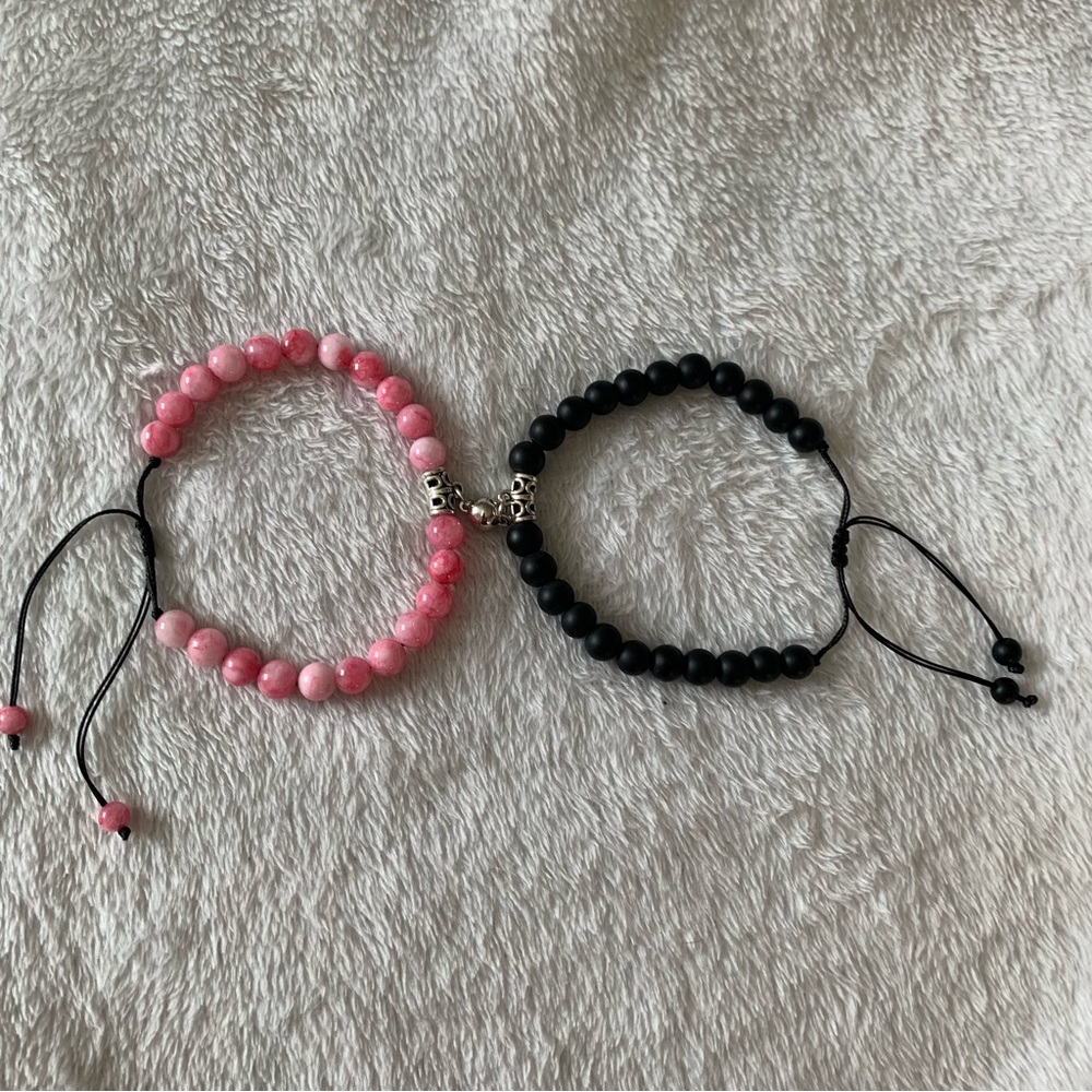 Black and pink beaded magnetic bracelets adjustable